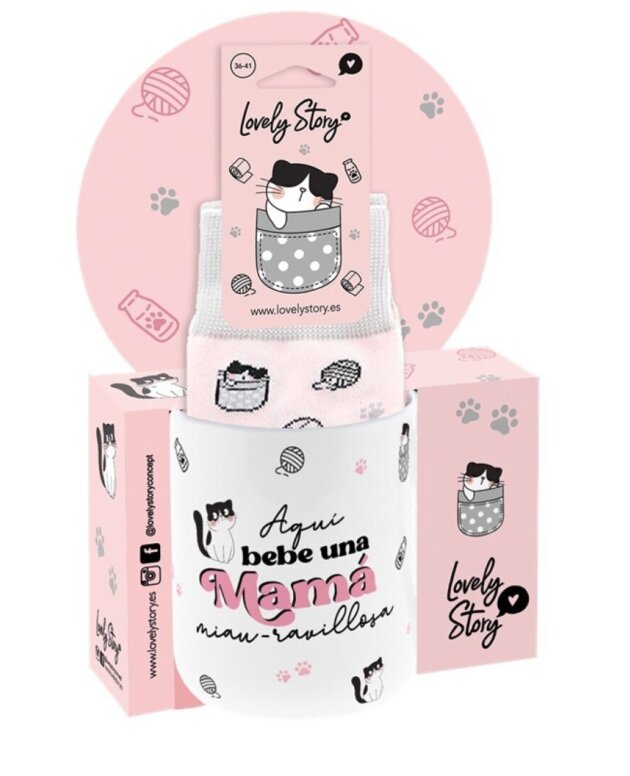 PACK TAZA Y CALCETINES MAMA MIAU